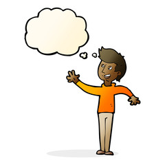 cartoon man waving with thought bubble