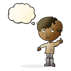 cartoon boy with growth on head with thought bubble
