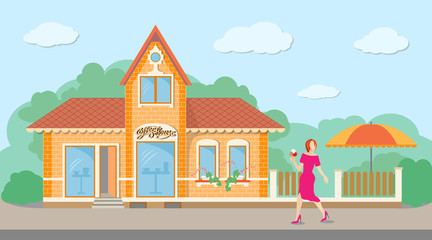 Plakat Buildings in the style of small business flat design.Coffee house of a small town. Vector illustration. 