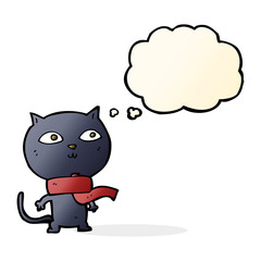 cartoon black cat wearing scarf with thought bubble