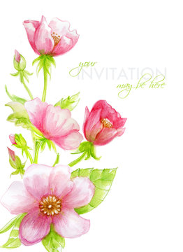 Watercolor invitation cards with pink flowers elements. Wedding collection, postcard design.