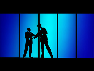Businessmen shaking hands in blue colored panels