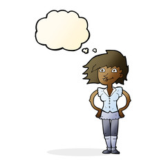 cartoon woman with hands on hips with thought bubble