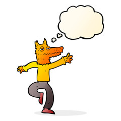 cartoon happy fox man with thought bubble