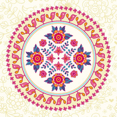 Ornamental round lace. Ethnic seamless pattern. Vector illustration with flowers and birds on a beige background.