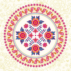 Ornamental round lace. Ethnic seamless pattern. Vector illustration with flowers and birds on a beige background.