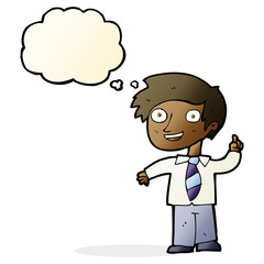cartoon school boy with idea with thought bubble