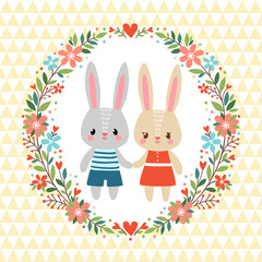 Vector illustration of rabbits in the floral frame. Greeting card with two Rabbits in a floral frame.