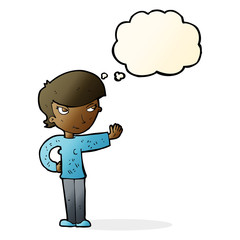 cartoon woman waving with thought bubble