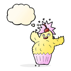 cartoon cupcake monster with thought bubble