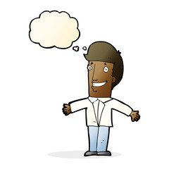 cartoon grining man with open arms with thought bubble