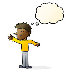 cartoon happy man reaching with thought bubble