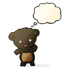 cartoon waving black bear with thought bubble