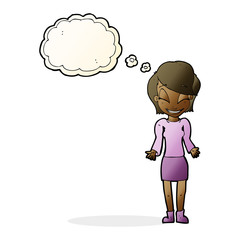 cartoon happy woman shrugging shoulders with thought bubble
