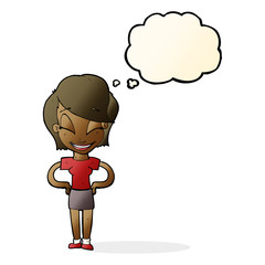 cartoon woman with hands on hips with thought bubble