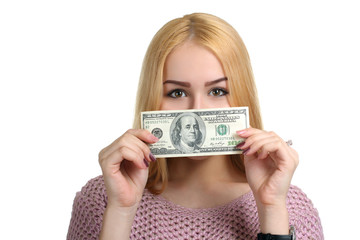 girl showing hundred dollar bill isolated on white background