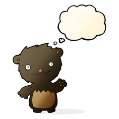 cartoon waving black bear cub with thought bubble