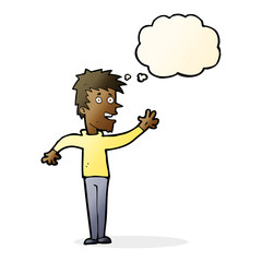 cartoon happy boy waving with thought bubble