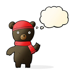 cartoon waving black bear with thought bubble