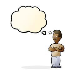 cartoon man with crossed arms with thought bubble