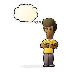 cartoon man with folded arms with thought bubble