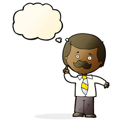 cartoon newsreader man with idea with thought bubble