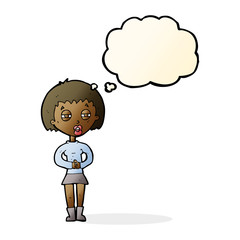 cartoon suspicious girl with thought bubble