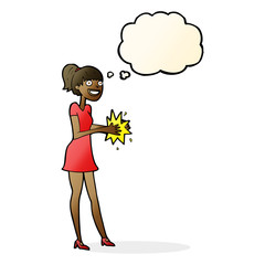 cartoon woman clapping hands with thought bubble