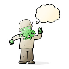 cartoon cool alien with thought bubble