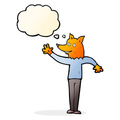 cartoon waving fox man with thought bubble