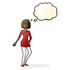 cartoon woman in dress with thought bubble