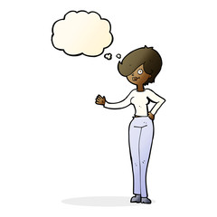 cartoon woman waving with thought bubble