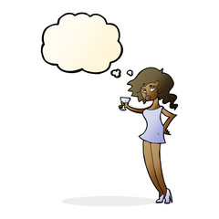 cartoon woman at party with thought bubble