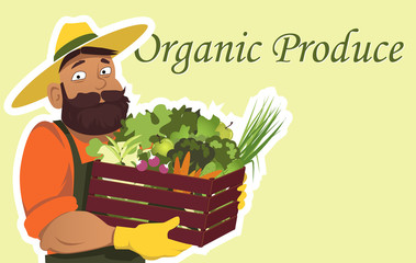 Bearded farmer or gardener in a hat holding a wooden box filled with fresh vegetables and fruits, copy space on the right, EPS 8 vector illustration, no transparencies