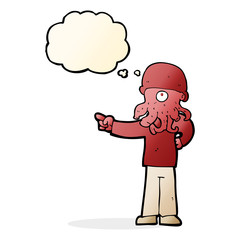 cartoon alien monster man with thought bubble