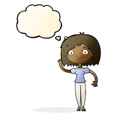 cartoon woman waving with thought bubble