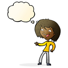 cartoon woman laughing and pointing with thought bubble