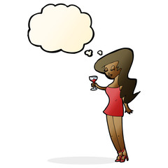 cartoon woman at party with thought bubble