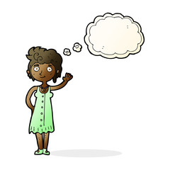 cartoon hippie woman waving with thought bubble
