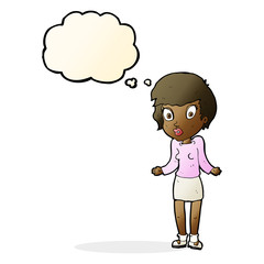 cartoon woman shrugging shoulders with thought bubble