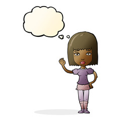cartoon woman waving with thought bubble
