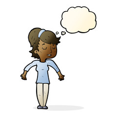 cartoon friendly woman shrugging shoulders with thought bubble