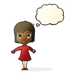 cartoon girl in dress with thought bubble
