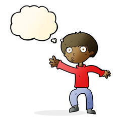 cartoon boy waving warning with thought bubble