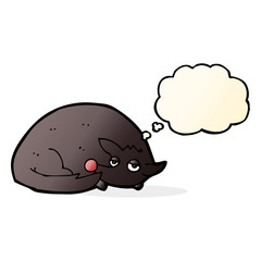 cartoon curled up dog with thought bubble