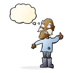 Obraz premium cartoon angry old man in patched clothing with thought bubble