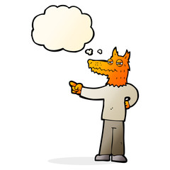 cartoon pointing fox man with thought bubble