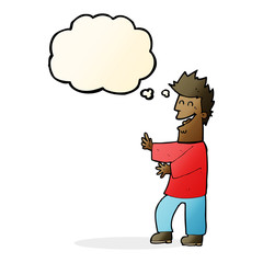 cartoon laughing man with thought bubble