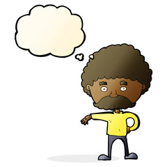 cartoon man with mustache making camp gesture with thought bubbl