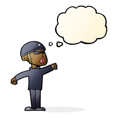 cartoon security guy with thought bubble